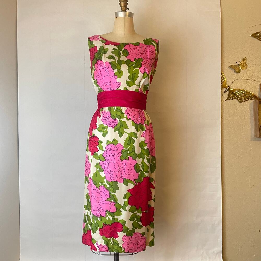 Vintage Ben Barrack 50s 60s Silk Floral Sheath Dress Bolero 2pc ILGWU Pink - Picture 4 of 11